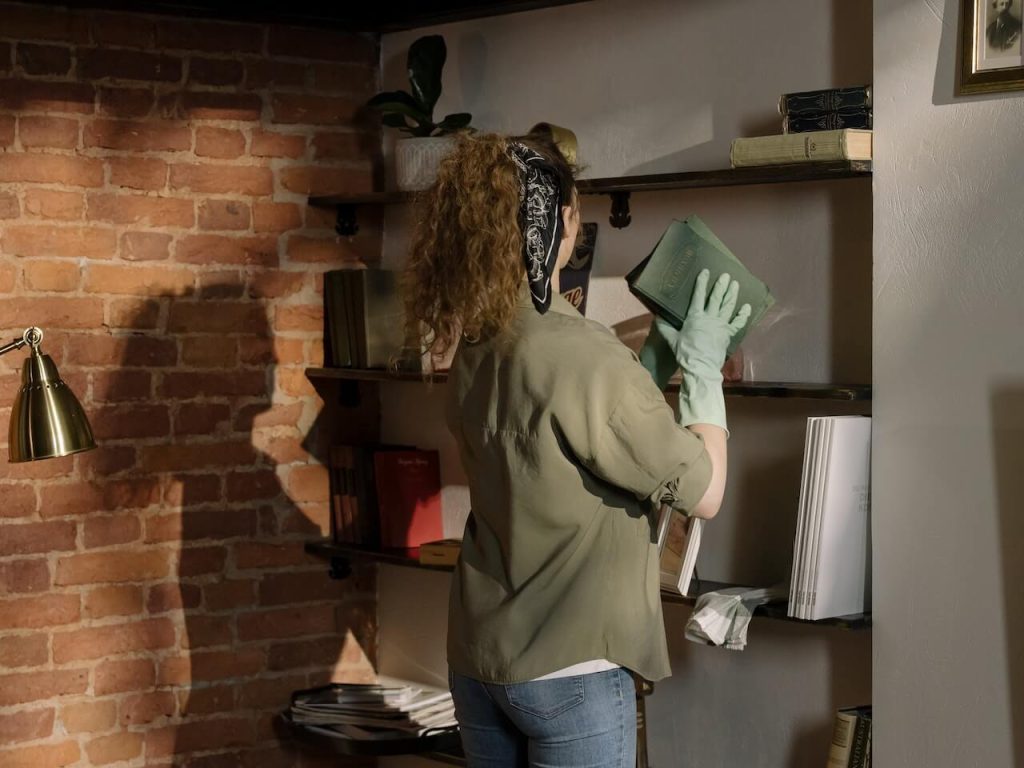 woman cleaning shelf